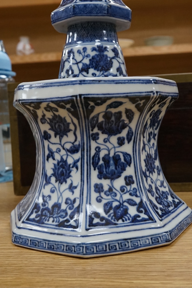 A Chinese blue and white hexagonal candle stand, 29.5cm